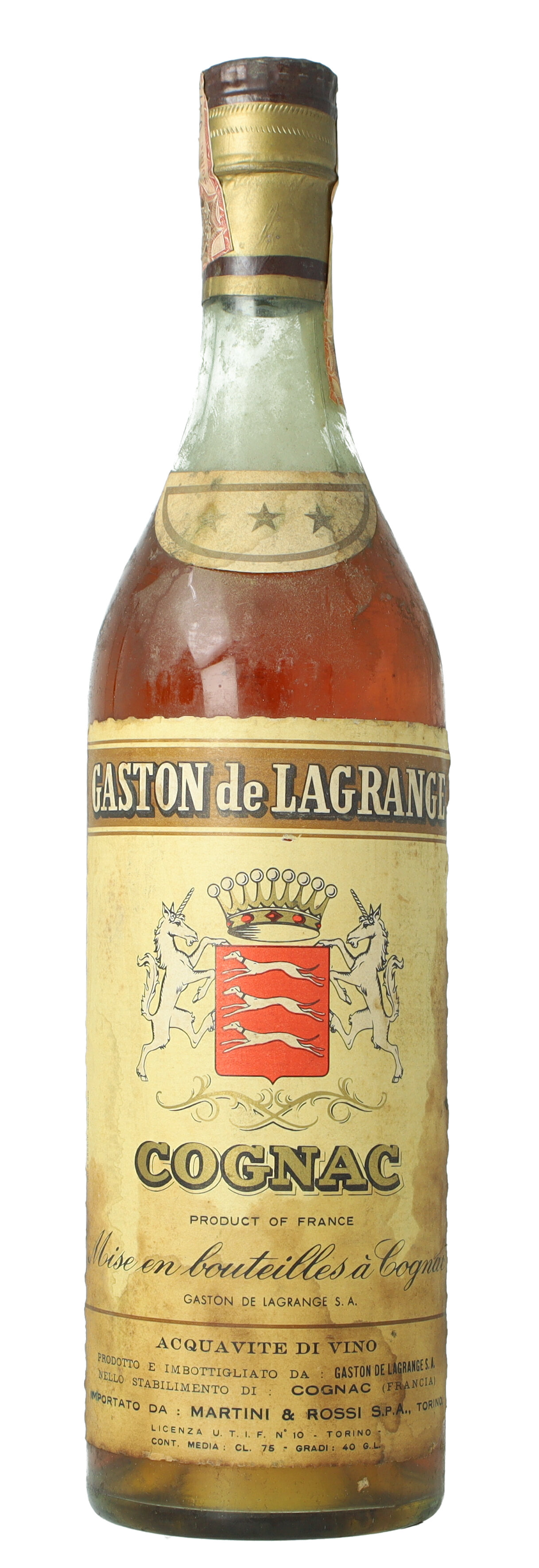 COGNAC GASTON De LAGRANGE 3 Star Bottled 1950 circa 75cl 40% OB