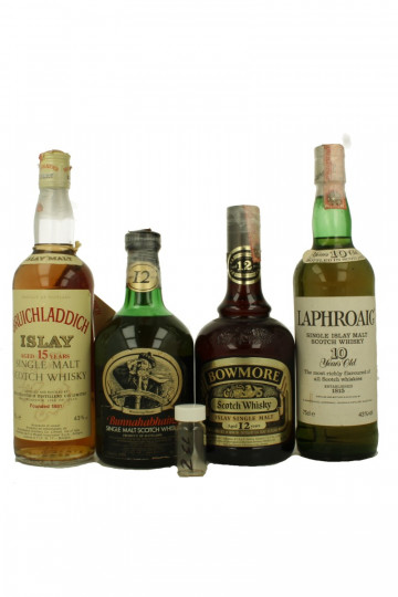 Kit Islay Whisky  SAMPLE BOTTLED IN THE  80'S 4x2cl 43% Bruich 15 yo -Bowmore 12 yo- Laphroaig 10yo-Bunna 12 yo 4 SAMPLE 2 CL each  AMAZING WHISKY  !!!! IS NOT A FULL BOTTLE BUT SAMPLES