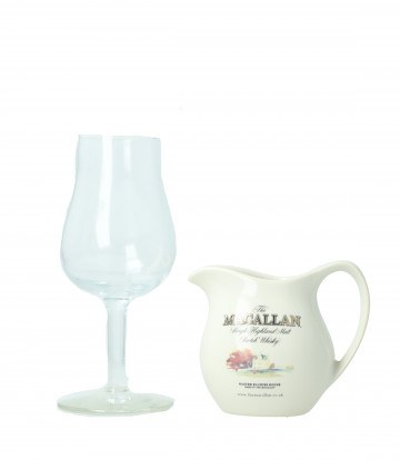 Macallan ceramic jug and glass set 12 glass and 12 jug the glasses are engraved Macallan in the bottom