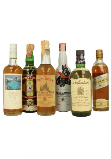 SET OF 6 OLD BLENDED : THE WHISKY OF 90-BERRY BRIS-THE FAMOUS GROUSE-BLACK AND WHITE-BALLANTINE'S- JOHNNIE WALKER