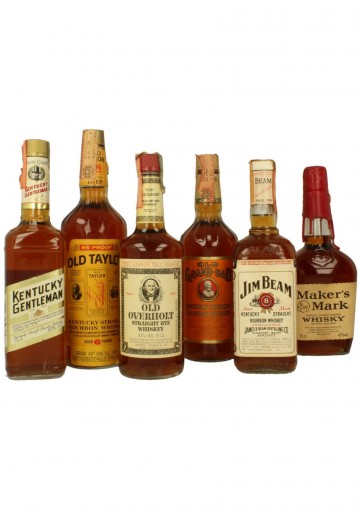 SET OF 6 OLD USA BOURBON -KENTUKY-OLD TAYLOR-OLD OVERHOLT-OLD GRAND DAD-JIM BEAN-MAKER MARKS 