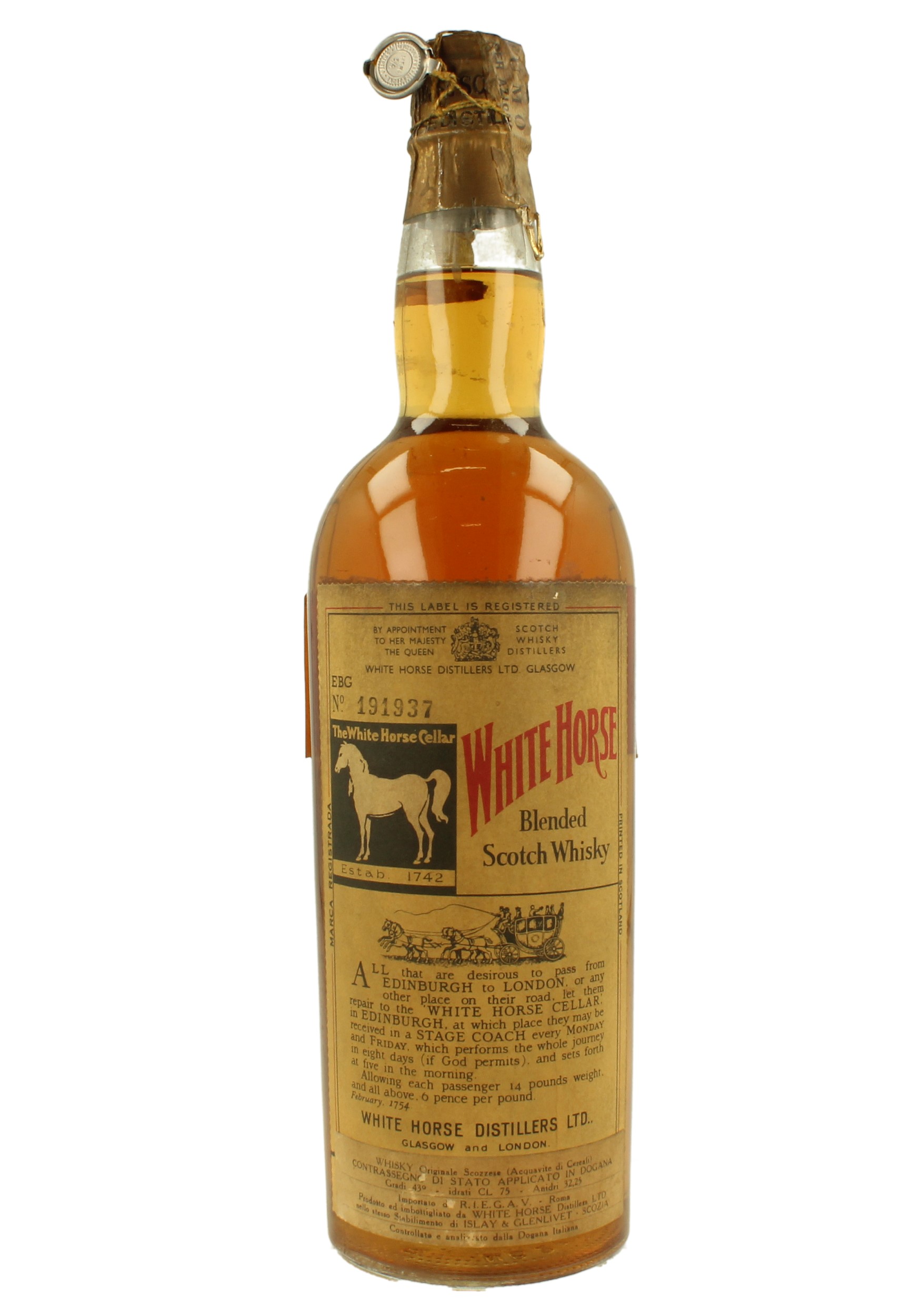 WHITE HORSE Spring Cap Bot.50/60's 75cl 43 Blended Products Whisky Antique, Whisky & Spirits